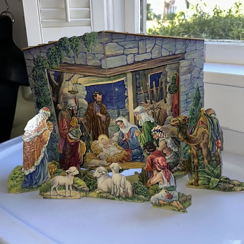 Vintage Mid‎ Century Cardboard Cut Out Christmas Nativity Set